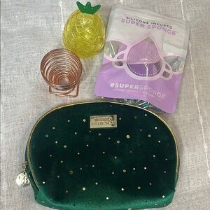 Mario Badescu Green Velvet Bag with Gold Dots Bundled with MakeUp Sponges Travel